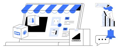 Ürün simgeleri, kutular, satış yüzdeleri olan dizüstü bilgisayar mağazaları. Eklemeler arasında bildirim, büyüme grafiği ve arama simgesi yer alıyor. Çevrimiçi iş, pazarlama, e-ticaret satış girişimciliği için ideal