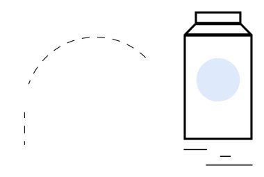 Mavi yuvarlak dizaynlı içecek kutusu ve yanında noktalı dairesel çizgi, dökülme ya da hareket olduğunu gösteriyor. Paketleme, minimalizm, markalaşma, tasarım, hareket, modernite için ideal