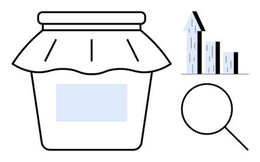 Ürün kavanozu, büyüteç ve ürün araştırması, piyasa büyümesi ve analizi öneren yükselen ölçü tablosu. İş, satış, trend, analiz ekommerce araştırması için ideal basit iniş sayfası