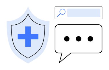 Mavi tıbbi haçlı kalkan, üç noktalı konuşma balonu ve arama çubuğu koruması, iletişim ve keşif. İnternette sağlık, güvenlik, mesajlaşma ve arama için ideal