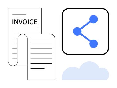 Fatura belgesi, ikon paylaşımı ve dijital çözümleri tasvir eden bulut grafiği. İş, teknoloji, finans, işbirliği, otomasyon, muhasebe ve basit iniş sayfası için ideal