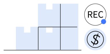 Çizgileri, finansal dolar simgesi ve REC göstergesi olan organize kutular. Depo lojistiği, envanter yönetimi, tedarik zinciri, organizasyon, analitik, finansal planlama için ideal