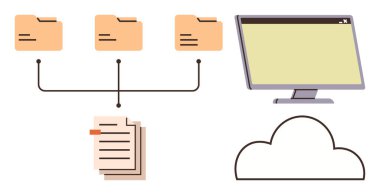 Bağlı dosya dizinleri, belgeler, masaüstü monitörü ve bulut depolama kavramı. Dosya yönetimi, veri paylaşımı, bulut hesaplama, belge kontrolü, IT iş akışı sistem organizasyonu için ideal