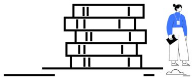 Uzun kitap yığınının yanında duran kadın, eğitimi, eğitimi, eğitimi, edebiyatı, gelişimi, bilgiyi sembolize ediyor. Konseptler için idealdir: Kendini geliştirme, eğitim kütüphanesi odağı