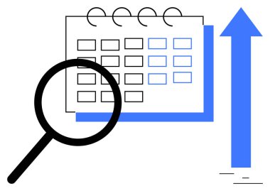 Takvim üzerinde büyüteç, yukarı doğru ok, analizi, verimliliği, büyümeyi ve planlamayı temsil ediyor. Program, yönetim, başarı takibi, pazarlama ve stratejik planlar için ideal