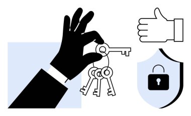 El ele tutuşmalar erişimi sembolize eder, kalkanlarda asma kilit güvenliği simgeler, onay için başparmaklar. Güvenlik, kimlik doğrulama, koruma, güvenlik, güven için ideal basit bir iniş sayfası