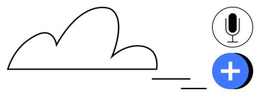 Ses girişi için bir mikrofon ikonu ve mavi dairesel ekleme düğmesi olan bulut tasarımı. Teknoloji, iletişim, dosya paylaşımı, bulut depolama, kayıt, ses etkileşimi, basit iniş sayfası için ideal