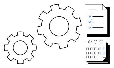 Birbirine kenetlenmiş vitesler, tamamlanmış görevleri olan bir kontrol listesi ve üretkenliği, iş akışını ve planlamayı vurgulayan bir takvim simgesi. Proje yönetimi, verimlilik, organizasyon, takım çalışması süreci için ideal