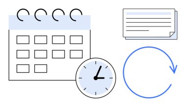 Takvim şebekesi, analog saat, görev kartı ve planlama, mühlet ve sürekliliği sembolize eden dairesel ok. Zamanlama, verimlilik, organizasyon iş akışı verimliliği takibi için ideal