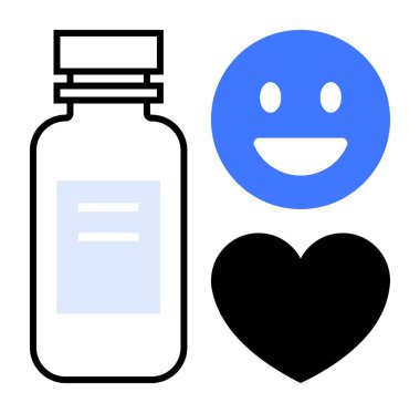 İlaç şişesi mavi mutlu bir yüz ve sağlık, mutluluk ve ilgiyi sembolize eden kara bir kalbin yanında. Sağlık, sağlık, eczane, akıl sağlığı, pozitiflik, kişisel bakım sade iniş sayfası için ideal