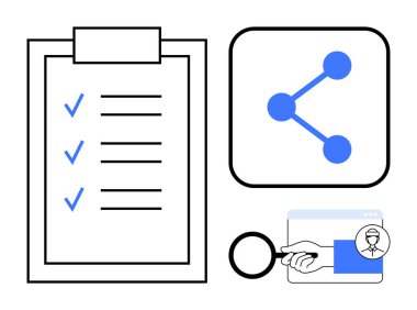 Mavi işaretli kontrol listesi, profil vurgulama analizi, işbirliği ve görev yönetimi üzerine simge paylaşımı ve büyüteç. Üretkenlik, takım çalışması, iş akışı, planlama araştırmaları için ideal