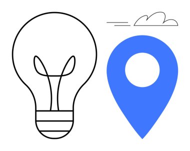 Ampul ve mavi harita iğneli minimalist tasarım yeniliği, yaratıcılığı ve konumu sembolize eder. Girişimler, beyin fırtınası, navigasyon, teknoloji planlama eğitimi için idealdir. Basit.