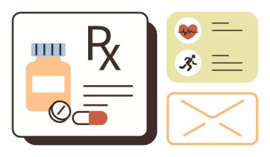 İlaç şişesi, haplar, kalp atışı, aktivite takip cihazı ve zarf. Sağlık hizmetleri iletişimi, reçeteler, hasta bakımı, dijital sağlık uygulamaları için idealdir.