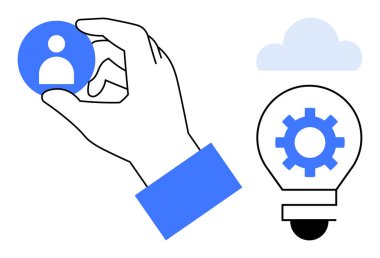 Bulut ve ampul içeren el ele tutuşan kullanıcı profili simgesi, yeniliği simgeliyor. Teknoloji, yaratıcılık, takım çalışması, çözüm, bağlantı, ağ kullanıcı odaklı tasarım için idealdir. A
