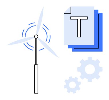 Rüzgar türbini dönüyor, kalın bir T ile bir yığın kağıt ve iki vites. Sürdürülebilirlik, yenilenebilir enerji, yenilik, mühendislik süreçleri, teknik belgeler, proje planlaması için ideal basit