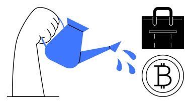 Elinde su dolu bir teneke kutu, siyah evrak çantası, Bitcoin parası vardı. Yatırım, kripto para birimi, finans, büyüme, iş geliştirme için ideal, sürdürülebilirlik basit düz metafor