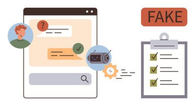 Yapay zeka robotu ile Web sohbet penceresi, sahte işaretli bir listeyi gösteren pano. Yanlış bilgilendirme, yapay zeka araçları, dijital güvenlik, araştırma, bilgi kontrolü, çevrimiçi bütünlük ve basit bütünlük için ideal