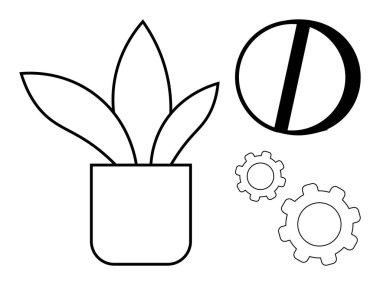 Üç geometrik yapraklı saksı bitkisi, büyük bir bölünmüş daire ve iki vites simgesi. Yaratıcılık, yenilik, büyüme, denge, takım çalışması, tasarım düşünme ve basit bir iniş sayfası için ideal