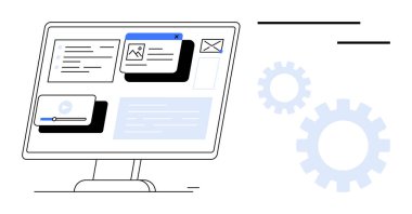 Çoklu görev arayüzü olan bilgisayar monitörü açılır pencereler, resimler, metin ve ayarlar dişli simgelerini içerir. Teknoloji, çoklu görev, yazılım, iş akışı, organizasyon verimliliği için ideal