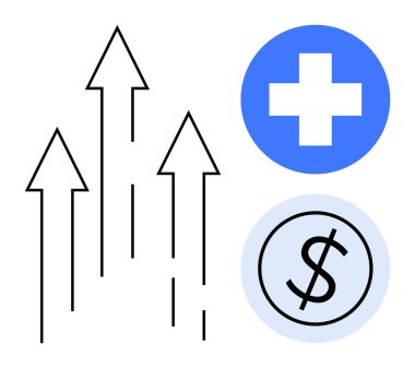 Mavi sağlık haçı ve dolar sikke ile yukarı bakan oklar gelişim, büyüme, sağlık ve finans kavramlarının altını çiziyor. Ekonomi, iş, yatırım, sağlık, strateji büyümesi için ideal