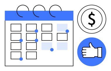 Özel takviminde önemli noktalar, bütçe belirleme için dolar simgesi, onay için onay. Planlama, verimlilik, finans, programlama, takım çalışması, teslim tarihleri basit iniş sayfası için ideal