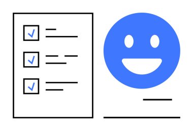 İşaretli üç görev ve mavi gülümseyen yüz ikonu ile kontrol listesi memnuniyet ve başarı öneriyor. Üretkenlik, organizasyon, görev yönetimi, kullanıcı geribildirimi, pozitiflik, kişisel gelişim için ideal