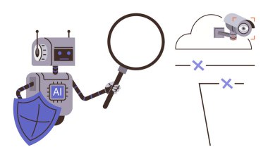 Yapay zeka etiketli robot büyüteç ve kalkan ile kamera ve veri noktalarıyla bulut güvenliğini denetliyor. Siber güvenlik, teknoloji, yapay zeka, veri güvenliği, bulut bilgisayarı, mahremiyet için ideal