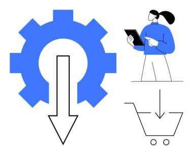 Kadın, vites ve okun yanında iş akışını, optimizasyonu ve e-ticaret için alışveriş arabasını sembolize ediyor. İş araçları, teknoloji, veri akışı, e-ticaret, otomasyon, hizmetler için ideal