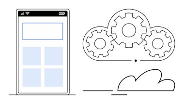 Otomasyonu temsil eden bulut altyapısı ve dişli mekanizmalarına bağlı uygulama düzeni ile akıllı telefon arayüzü. Teknoloji, yazılım, uygulama geliştirme, yenilik, bulut sistemleri, veri için ideal