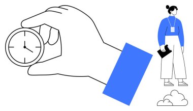 Zamanı simgeleyen el ele tutuşan saat, verimliliği gösteren belgeleri olan kişi, soyutlama için küçük bulutlar. Zaman yönetimi, zamanlama, planlama, verimlilik, iş ve eğitim için ideal