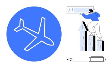 Mavi çemberde düzlem simgesi, yükselen çubuk grafiklerinin üzerinde arama çubuğu ve bir kalem keşfeden bir kişi. Havacılık büyümesi, iş analizleri, arama, yenilik, ilerleme, üretkenlik için ideal