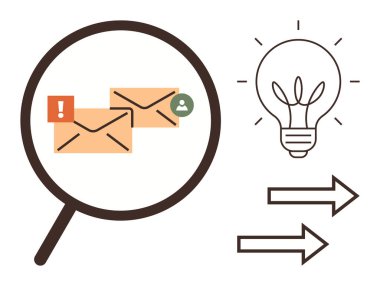 Uyarı ve kullanıcı simgeleriyle e-postalara odaklanan büyüteç, fikirleri sembolize eden ampul, yön için oklar. İletişim, organizasyon, yenilik, teknoloji, analiz, fikirler için ideal