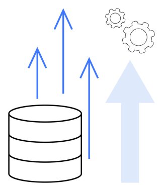 Veritabanı yığını yukarı doğru mavi oklarla büyüme ve ölçeklenebilirliği gösteriyor. Vitesler süreç otomasyonu ve verimliliği sembolize eder. Teknoloji, iş, veri analizi, yenilik, bulut depolama için ideal