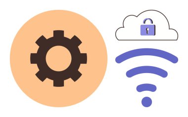 Vites gösterme ayarları, güvenli kilit sembollü bulut ve kablosuz sinyal vurgulama bağlantısı, siber güvenlik ve yapılandırma süreçleri. Teknoloji için ideal, bulut güvenliği, kablosuz