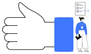 Tamamlanmış görevleri olan bir pano ve kontrol listesi tutan bir iş kadınının yanında büyük bir aferin grafiği. Takım geribildirimi, üretkenlik, organizasyon, pozitiflik, başarı, yönetim, hedef için ideal