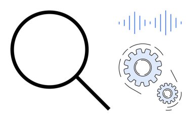 Ses dalgaları ve dişlilerin yanında büyüteç, araştırmayı, problem çözmeyi ve verimliliği sembolize ediyor. Analiz, optimizasyon, teknoloji, yenilik, strateji üretkenliği ve basitlik için ideal