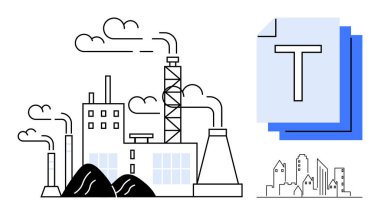 Fabrika, endüstriyel yapı elemanları, ilgili belgeler ve şehir çizimleriyle duman yayıyor. Sanayi, çevre, emisyonlar, kentsel planlama, imalat, belgelendirme için idealdir basit