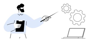 Erkek profesyonel tutucu panosu, vites ve dizüstü bilgisayarı gösteriyor, takım çalışmasını, işlem optimizasyonunu, dijital dönüşümü sembolize ediyor. İş, strateji, eğitim, eğitim iş akışı için ideal