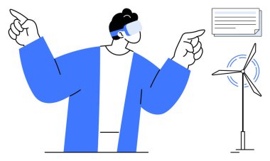 VR kulaklık takan bir adam interaktif rüzgar türbini ve belge görselleriyle yenilenebilir enerji kavramlarını araştırıyor. Yenilik için ideal, sürdürülebilirlik, yenilenebilir enerji, teknoloji, eğitim, VR