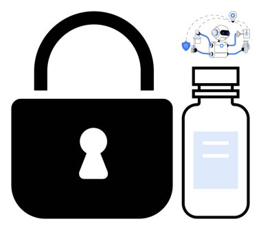 İlaç şişesi ve dijital sağlık ikonlarının yanı sıra kilit, güvenlik, koruma ve yeniliğin altını çiziyor. Sağlık güvenliği, veri gizliliği, ilaç, siber güvenlik, teknoloji, sağlık için ideal