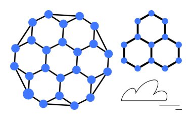 Birbirine bağlı mavi noktalar ve siyah çizgiler içeren geometrik moleküler modeller, minimalist bulut çiziminin yanında. Bilim, kimya, yenilik, teknoloji, eğitim, araştırma, basit