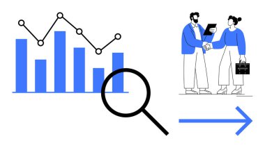 Bar grafiği, çizgi grafiği, büyüteç, el sıkışma ve oku sembolize eden analitik, işbirliği, karar verme, büyüme, takım çalışması ortaklığı ve basit bir düz metaforda stratejik planlamayı