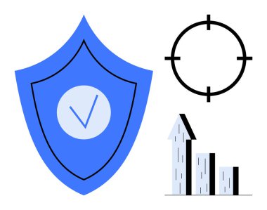 İşaretli mavi kalkan, hassasiyet için hedef sembol ve analitiği temsil eden büyüyen bar tablosu. Konseptler için ideal güvenlik, doğruluk, büyüme, planlama, hedefler, strateji basit