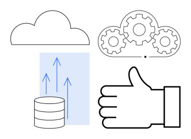 Veritabanında yukarı doğru giden oklar, bulut yüklemesinin yanında sistem otomasyonunu ve onay jestini sembolize ettiğini gösteriyor. Bulut hesaplama, veri yönetimi ve verimlilik için ideal