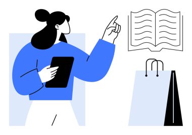 Elinde tablet tutan bir kadın alışveriş çantasının yanında açık bir kitaba doğru el kol hareketi yapıyor. Eğitim, okuma, e-ticaret, öğrenme, teknoloji, alışveriş, kendini geliştirme için idealdir. Düz basit metafor