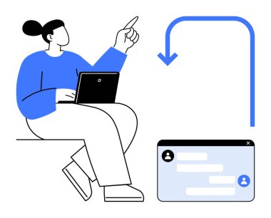 Bir dizüstü bilgisayar kullanırken, avatarlı ve mesajlı bir konuşma kutusunun yanında hareketler yapar. İletişim, mesajlaşma, takım çalışması, teknoloji, eğitim, ağ oluşturma, basit iniş sayfası için ideal