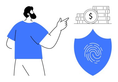 İnsan, zenginliği ve kalkanı simgeleyen para yığınına doğru parmak izi ile işaret eder. Finans, tasarruf, güvenlik, dijital kimlik, bankacılık, koruma, yatırım için ideal. Basit.