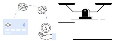 Kredi kartı, madeni paralar ve el etkileşimi, finansal dengeyi gösteren bir denge ölçeği ile birlikte dijital ödeme akışını resmeder. Finans, ödeme, tasarruf, bütçe, yatırım, iş için ideal