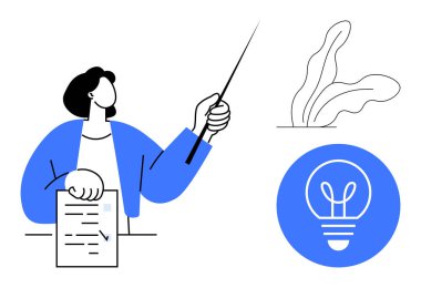Elinde bir belge tutan kadın ampulü işaret ediyor, yeniliği simgeliyor. Bitki elementi de dahil. Eğitim, iş stratejisi, takım çalışması, yenilik, yaratıcı çözümler, basit inişler için ideal