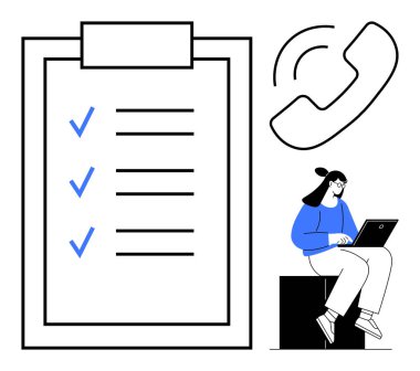 Üzerinde mavi işaretler, telefon simgesi ve dizüstü bilgisayarı olan büyük bir kontrol listesi. Üretkenlik, planlama, iletişim, takım çalışması, organizasyon görev yönetimi uzaktan kumandası için idealdir. Basit düz metafor